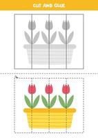 Cut and glue game for kids. Cute tulips in pots. vector