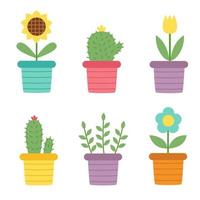 Cute flowers in pots on white background in cartoon style. vector