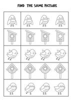 Find two the same cute pictures. Black and white worksheet. vector