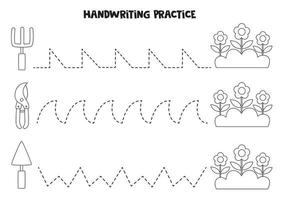 Tracing lines for kids. Cute black and white garden tools. Writing practice. vector