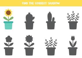 Find the correct shadow of cute sunflower. Logical puzzle for kids. vector