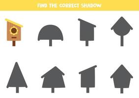 Find the correct shadow of cute birdhouse. Logical puzzle for kids. vector