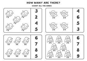 Counting game with cute black and white birds. Educational worksheet. vector