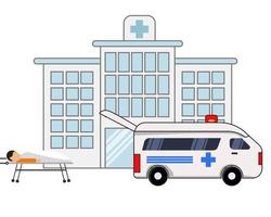 Injured man is waiting on a stretcher into ambulance vehicle. Cartoon vector style for your design.