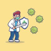 Doctor Fight Corona Virus Cartoon Vector Icon Illustration. People Healthy Icon Concept Isolated Premium Vector. Flat Cartoon Style