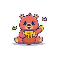 Cute Honey Bear Eating Honey Cartoon Vector Icon Illustration. Animal Food Icon Concept Isolated Premium Vector. Flat Cartoon Style