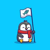 Cute Penguin Holding Fish Flag Cartoon Vector Icon Illustration. Animal Wildlife Icon Concept Isolated Premium Vector. Flat Cartoon Style