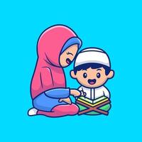Soleh Boy Sitting And Reciting Quran Cartoon Vector Icon Illustration People Relgion Icon Concept Isolated Premium Vector. Flat Cartoon Style