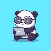 Ilustración de icono de vector de dibujos animados de portátil de funcionamiento de panda lindo. concepto de icono de tecnología animal vector premium aislado. estilo de dibujos animados plana