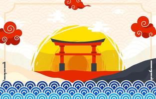 Japanese Style Background with Cloud and Torii vector