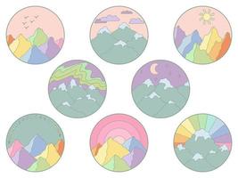 Vector illustration of mountain. Colorful hand drawn outline icon in circle frame. For print, web, design, decor, logo.