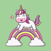 lindo unicornio de dibujos animados en un arco iris, ilustración de dibujos animados vectoriales, clipart de dibujos animados vector