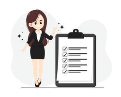Businesswoman and complete checklist or check mark report cartoon character art illustration vector