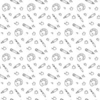 Hand drawn pattern - palette, paintbrush, pencil and blots. Vector illustration in doodle style. Black graphic elements on white