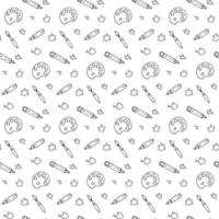 Hand drawn pattern - palette, paintbrush, pencil and blots. Vector illustration in doodle style. Black graphic elements on white