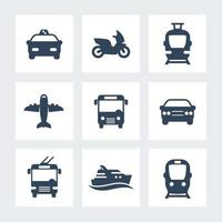 iconos de transporte de pasajeros, vector de transporte público, autobús, metro, coche, taxi, avión, barco, iconos simples aislados en blanco, ilustración vectorial
