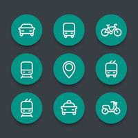 ciudad y transporte público iconos verdes redondos, iconos de vectores de transporte público, ruta, autobús, metro, taxi, pictogramas de transporte público, conjunto de iconos de línea gruesa, ilustración vectorial