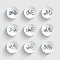 Bikes line icons set, cycling, motorcycle, motorbike, fat bike, scooter, electric bicycle vector