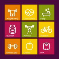 Fitness thick line icons, fit and active lifestyle, strength training, workout, fitness icons on varicolored squares, vector illustration