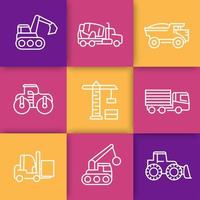 iconos de línea de vehículos de construcción, máquinas pesadas, equipos de ingeniería, grúas, camiones, excavadoras, cargadores vector