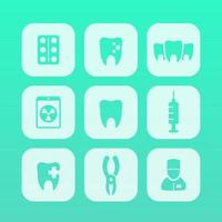 iconos de dientes, estomatología, cuidado de la salud dental, cavidad dental, alicates dentales, cuidado de los dientes, iconos cuadrados redondeados, ilustración vectorial vector