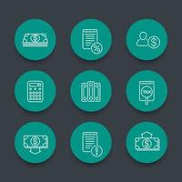 Bookkeeping line icons, finance, tax, accounting green round icons set, vector illustration