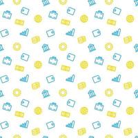 seamless pattern with finance icons, blue and yellow on white , vector illustration