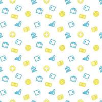 seamless pattern with finance icons, blue and yellow on white , vector illustration