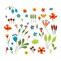 Set of different bright flowers and bugs. Vector illustration.