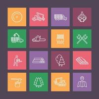 Logging line icons on color squares, timber harvester, logging truck, timber, lumberjack, lumber icons, vector illustration