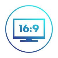 widescreen tv icon in circle, aspect ratio 16 9, vector illustration