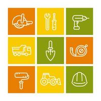 construction line icons on color squares, construction tools and equipment linear signs, pictograms set, vector illustration