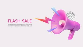 Flash Sale background, 3D pink megaphone with lightning, Vector illustration