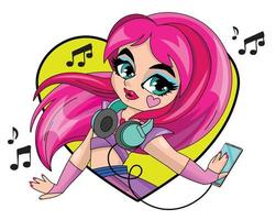 Little cute girl with headphones and phone listens to music. Fashion children's illustration.
