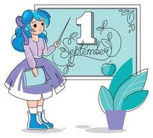 The teacher stands near the blackboard with a pointer in his hand. On the board is a calligraphic inscription First of September. vector