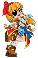 una chica pirata con un traje de moda brillante corre alegremente. ilustración infantil.