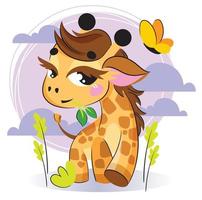 una linda jirafa bebé está masticando una ramita. ilustración preescolar para niños.