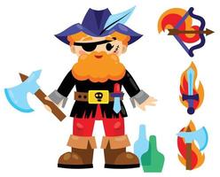 Cute funny pirate with a beard and a large selection of weapons. Axe, knife, sword, bow. vector