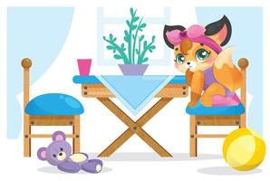 The dining table and chairs are in the living room or in the kitchen. A little cute fox girl is sitting behind a chair. vector