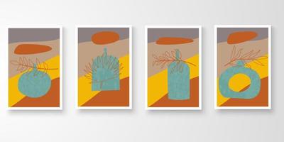 conjunto de arte de pared natural mínimo en marcos blancos. dibujo de arte de línea de follaje con composición de forma abstracta tono tierra. ilustración vectorial de arte. vector