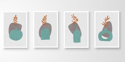 Set of minimal natural wall art in white frames. Foliage line art drawing with abstract shape composition earth tone. Art vector illustration.