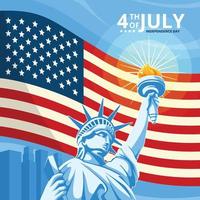 4 de julio con la estatua de la libertad y la ilustración de la bandera vector