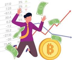 joven empresario es muy feliz. porque el precio de bitcoin está aumentando. ilustración vectorial plana.