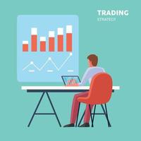 A lecturer is presenting about trading chart by online with laptop. Colored flat vector illustration.