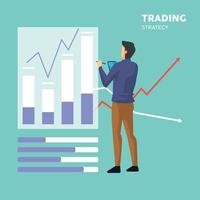 Businessman or investor using smartphone in hand to analyze financial market in chart. Colored flat vector illustration.