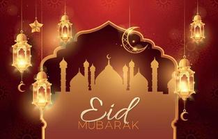 eid mubarak día sagrado islámico con linterna y fondo rojo vector