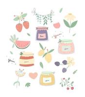 Jam, marmalade, confiture in cartoon style. Vector set of berries and homemade berry jams