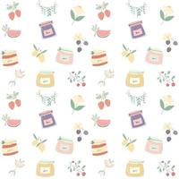 Vector seamless pattern with jars of jam and fruits, berries. Design for kitchen textiles and wallpapers.