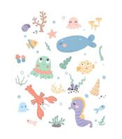 Set with sea creatures. Cartoon characters of the underwater world.Vector isolated illustration on white background. vector