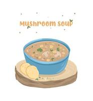 Mushroom mushroom soup in a blue bowl. Soup with fresh vegetables. Illustration for menus, advertisements, websites. vector